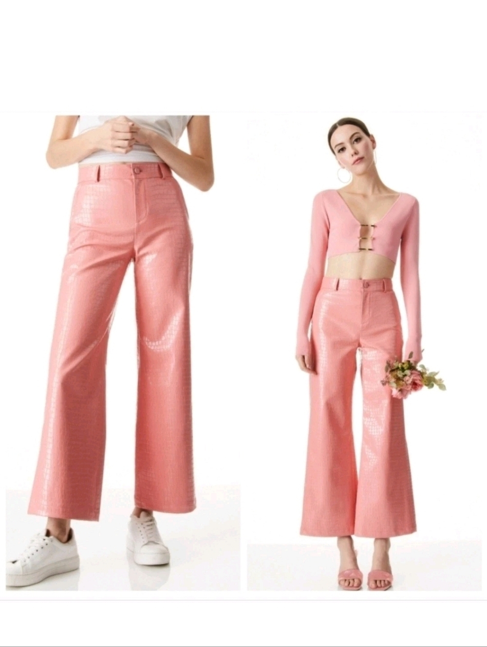 Alice + Olivia Pink Croc-Embossed Wide-Leg Pants Size 6 - Picture 2 of 13
